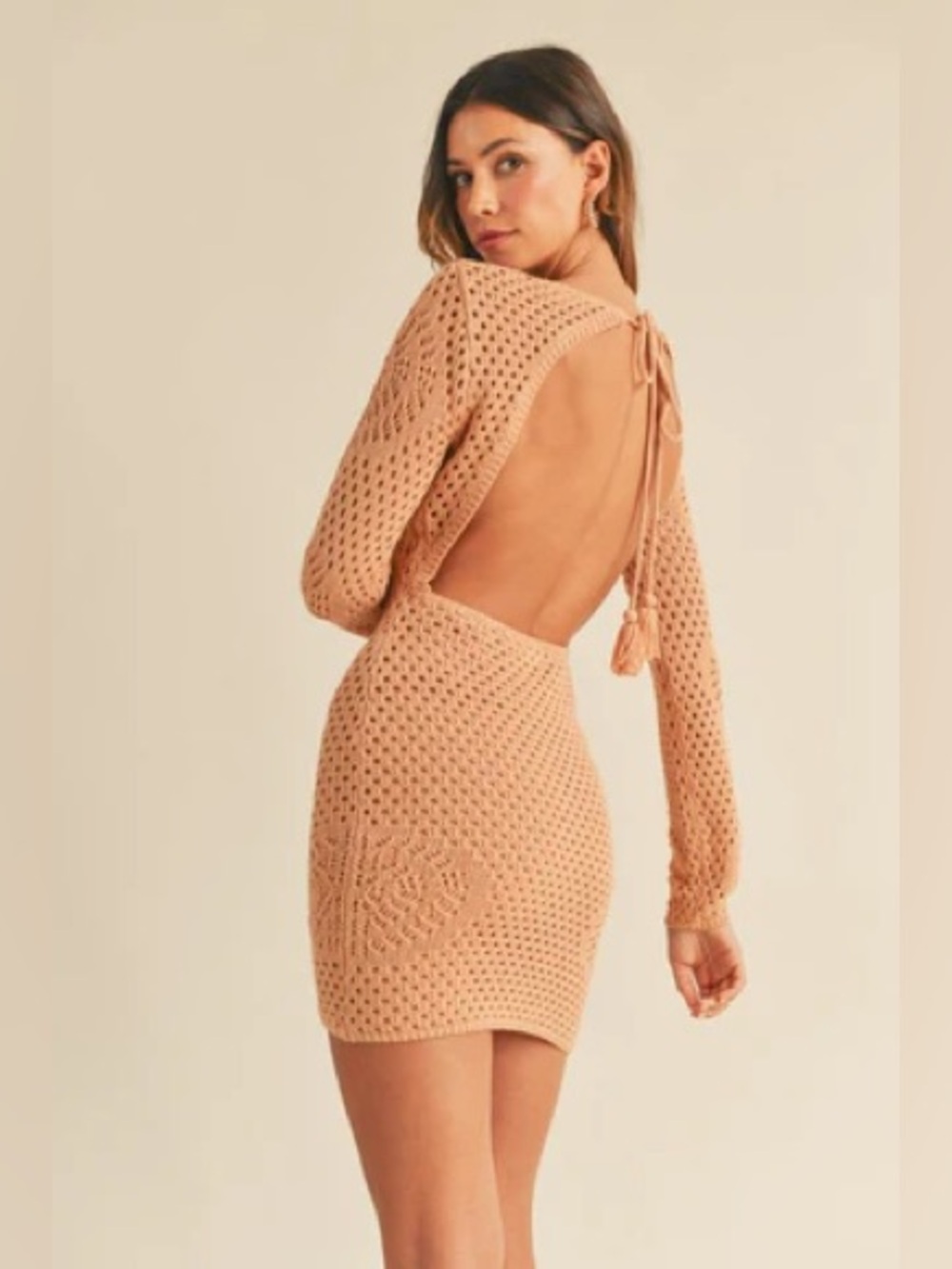 Long Sleeve Crochet Mini Dress in Peachy Beige